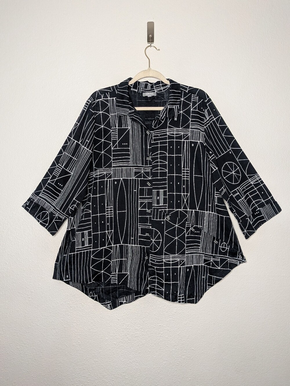 Habitat Black Geometric Artsy Lagenlook Linen Blend Button Front Shirt XL